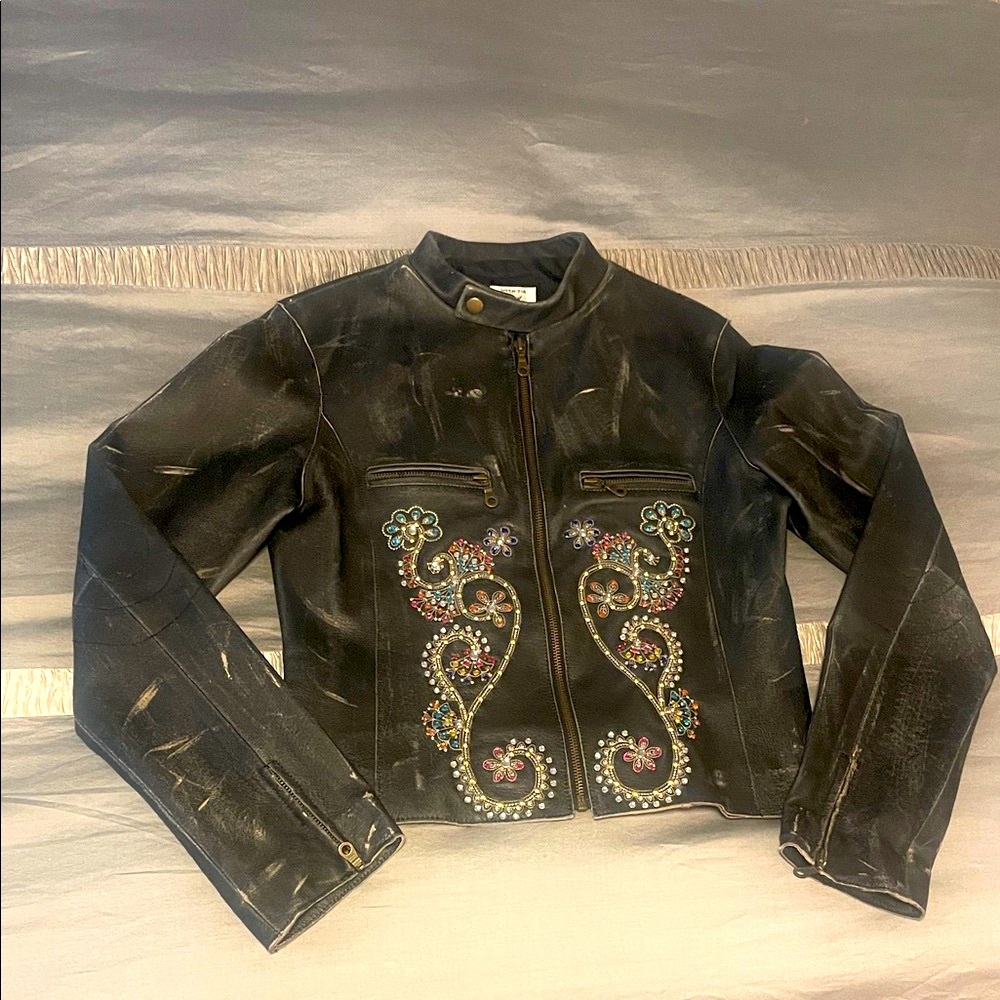 Price reduced! Black Leather Jacket! Rhinestones! Embroidery! Style and Unique!